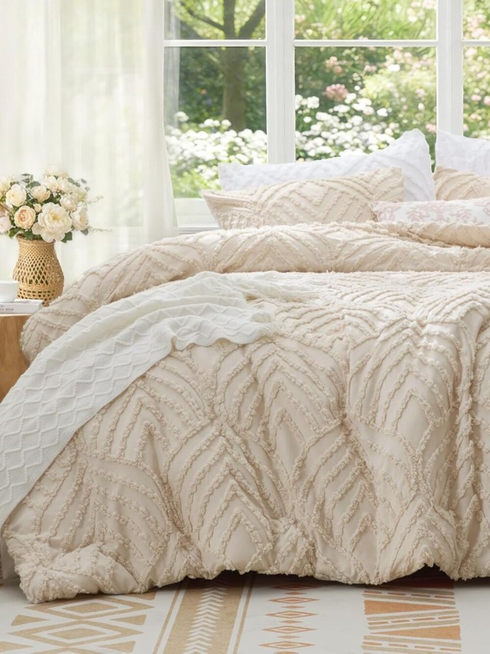 Boho Comforter Set Queen - Tufted Boho Bedding Set, Cream Beige